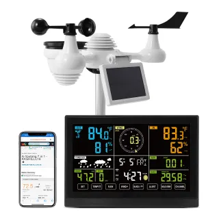 Station météo Wi-Fi SucceBuy 7 en 1,écran couleur 7,5 pouces. Avec capteur extérieur sans fil solaire et alertes d'alarme