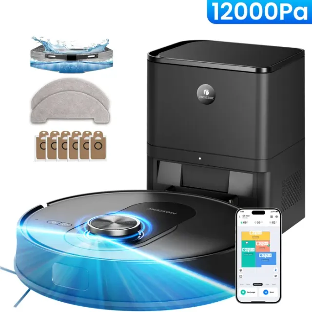 PROSCENIC Aspirateur Robot Laveur - QO8 Max+ -12000 Pa - Station Auto-Vidage 4L - 200 Min - Navigation LiDAR -Connecté -Poil animaux