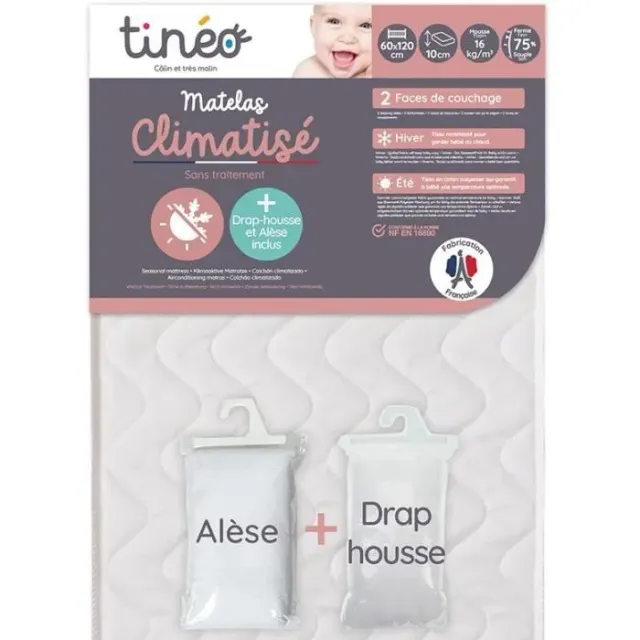 Matelas climatisé TINEO 60x120 cm + drap housse + alèse (lot)