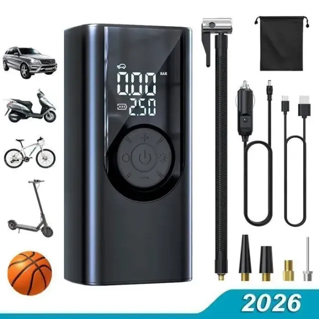 Gonfleur Pneu Voiture Sans Fil, Compresseur à Air Portatif 150psi - 4500mAh - avec Éclairage - Double Écran LCD - Arrêt intelligent