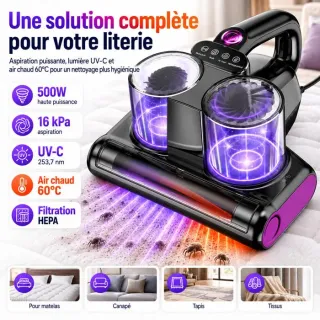 Aspirateur anti‑acariens à main 16 KPa, 500 W, UV‑C, élimine 99,9 % des acariens – Matelas, canapés et tapis