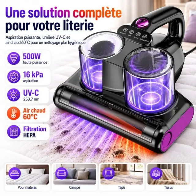Aspirateur anti‑acariens à main 16 KPa, 500 W, UV‑C, élimine 99,9 % des acariens – Matelas, canapés et tapis