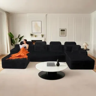 Canapé modulaire super grand en U avec 2 méridiennes, confortable en velours côtelé mousse à mémoire de forme,sans assemblage Noir