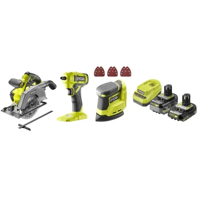 RYOBI Pack 3 outils ONE+ 18V perceuse-visseuse + scie sauteuse + ponceuse delta + batteries 4Ah & 2Ah + chargeur R18CK3G-242G