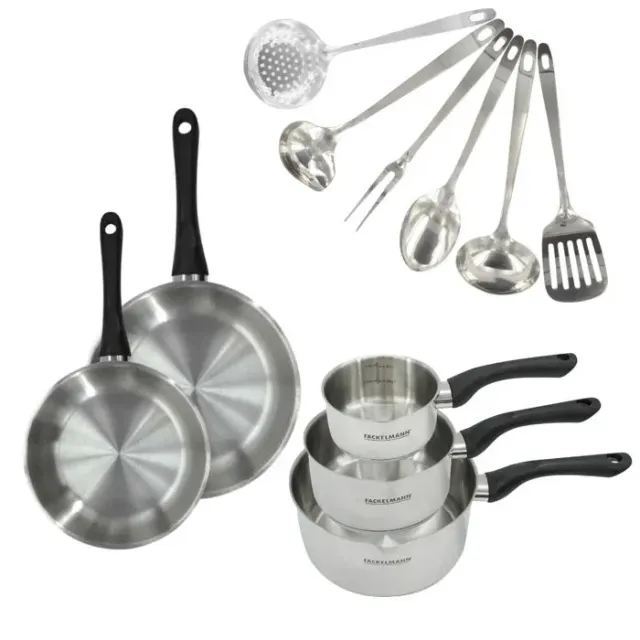 Batterie de cuisine - Tous feux dont induction - FACKELMANN - Geneva - Inox - 2 poêles 20 et 24, 3 casseroles et 6 ustensiles