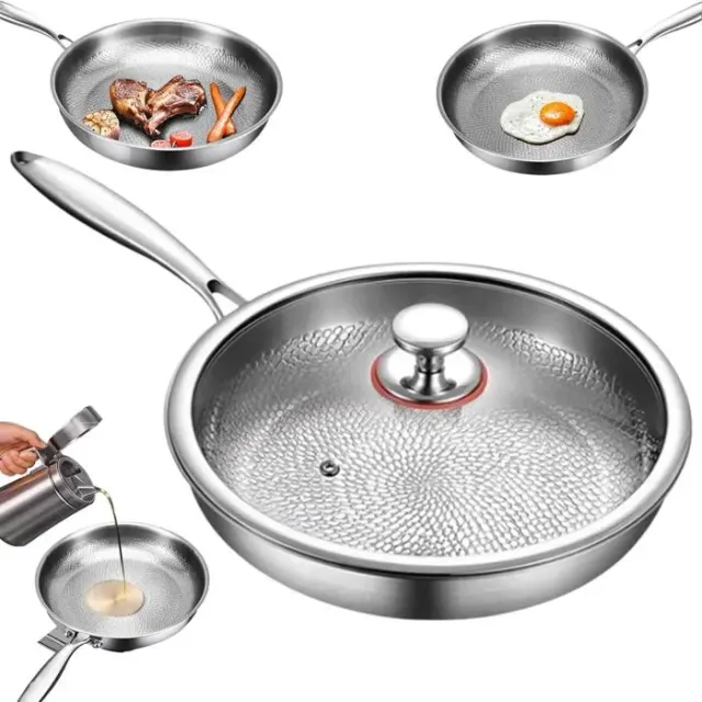 Poêle Martelée en Titane avec Couvercle 30cm Poêle Antiadhésive Résistante Aux Rayures pour La Cuisine Ultra-durable Non Revêtue,