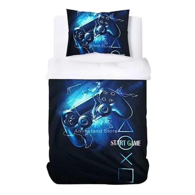 Housse de Couette pour Enfant Garçon Imprimée Gamer Parure de Lit Enfant 140x200cm Bleu et Noir, 1 Taie d'Oreiller 50x75 cm