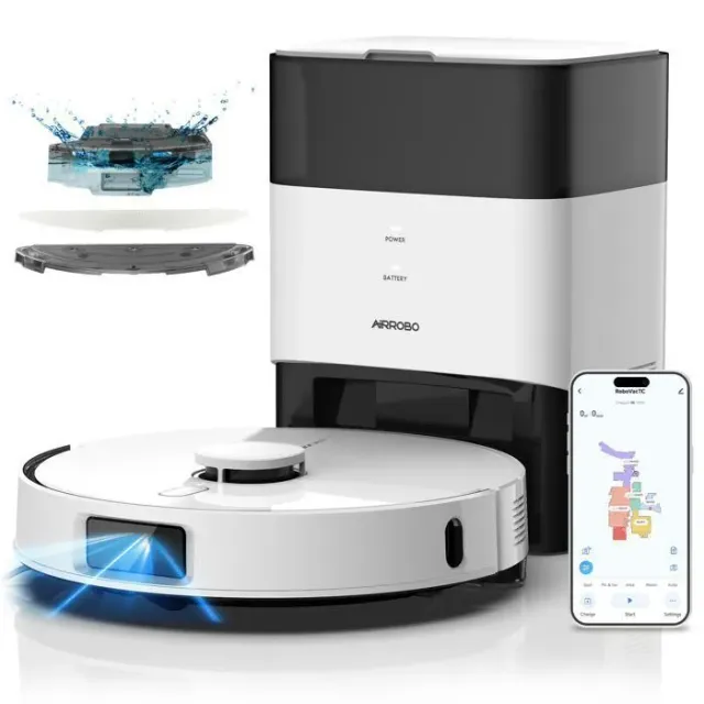 AIRROBO L60+ Aspirateur Robot Laveur avec Station 12000Pa - 3,5 L 240 Min - Cartographie LiDAR, Évitement d'Obstacles laser, Blanc
