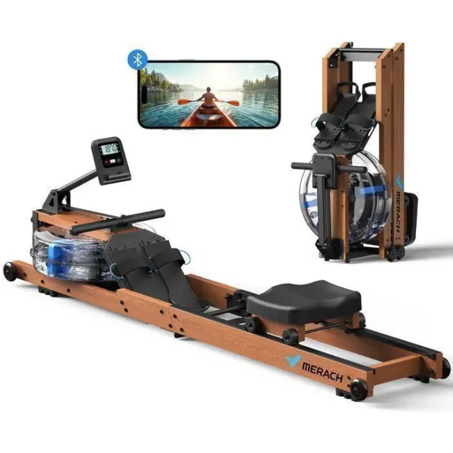 Rameur à Eau 14L Pliable - R28 MERACH - Carte Interactive/Jeux d'APP/Bluetooth/Kinomap - 6niveaux - Bois FSC - 180kg - Garantie 2ans