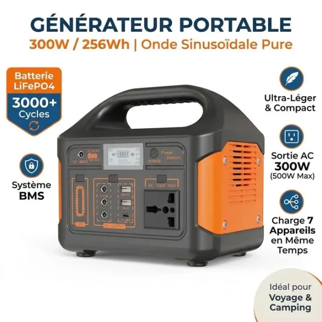 Gaiaray Générateur Solaire LiFePO4 256Wh(300W) - Station d'Énergie Portable BMS Intelligent, Ultra-Compact 7 Appareils en Même Temps