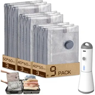Sac Sous Vide Vetement Aspirateur avec Pompe à Vide Sans fil Électrique,  9 (3*40x50cm, 3*40x60cm, 3*50x60cm),  Réutilisables