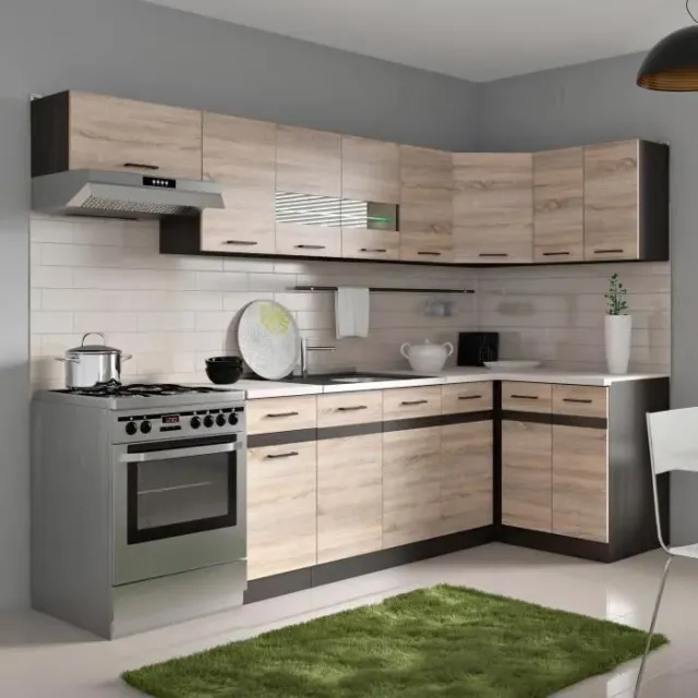 JUNONA Cuisine d'angle complète et plan de travail L 3m40 - Angle réversible - Décor chêne sonoma - plan de travail inclus